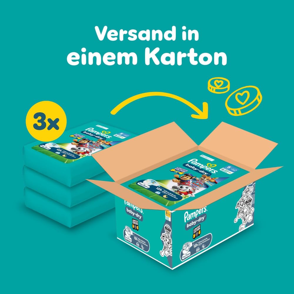 Pampers Baby-Dry Paw Patrol Edition Größe 5, 186 Windeln, 11kg-16kg, Bis zu 100Prozent Auslaufschutz und Komfort die ganze Nacht