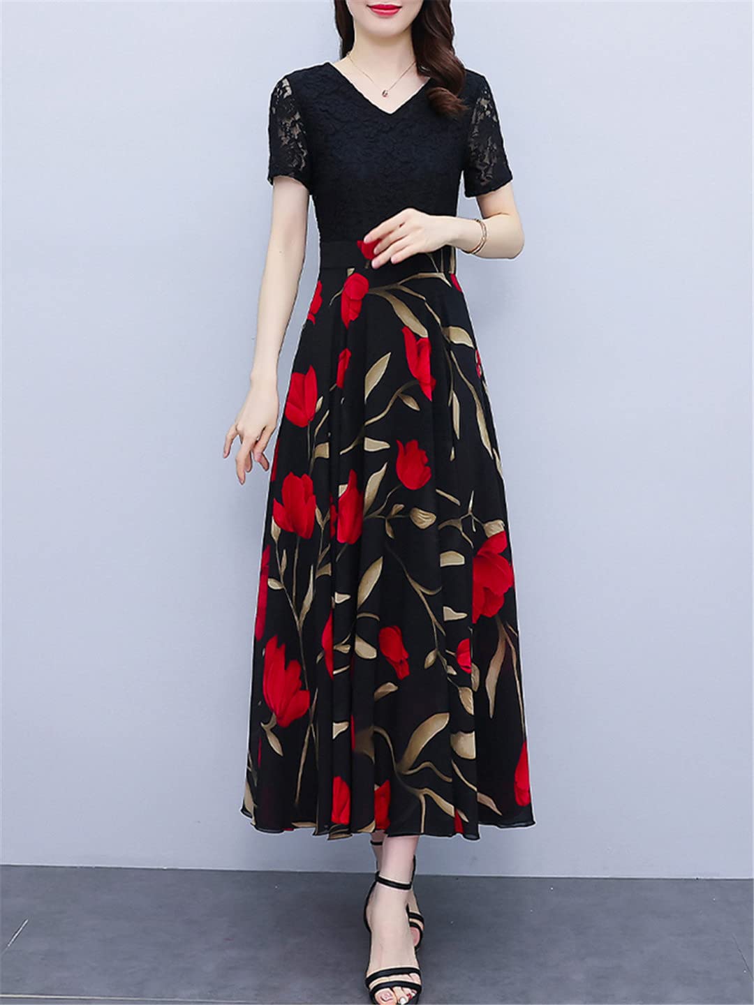 Abito estivo midi da donna, in chiffon, in pizzo, floreale, elegante, lungo, alla moda, per ufficio e feste formali