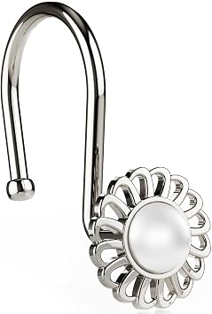 Nickel Shower Curtain Hooks Rings, Decorative Shower Curtain Hangers, Heavy Duty Metal Shower Rings, Sunflower Shower Hooks for Shower Curtain Rod and Liner, Bathroom Curtain Hooks, Set of 12