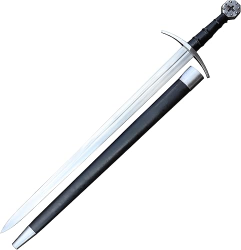 s - Réplica de espada templaria medieval  Hoja de acero al carbono de 37 pulgadas con pomo octogonal, empuñadura y vaina envuelta en cuero genuino,