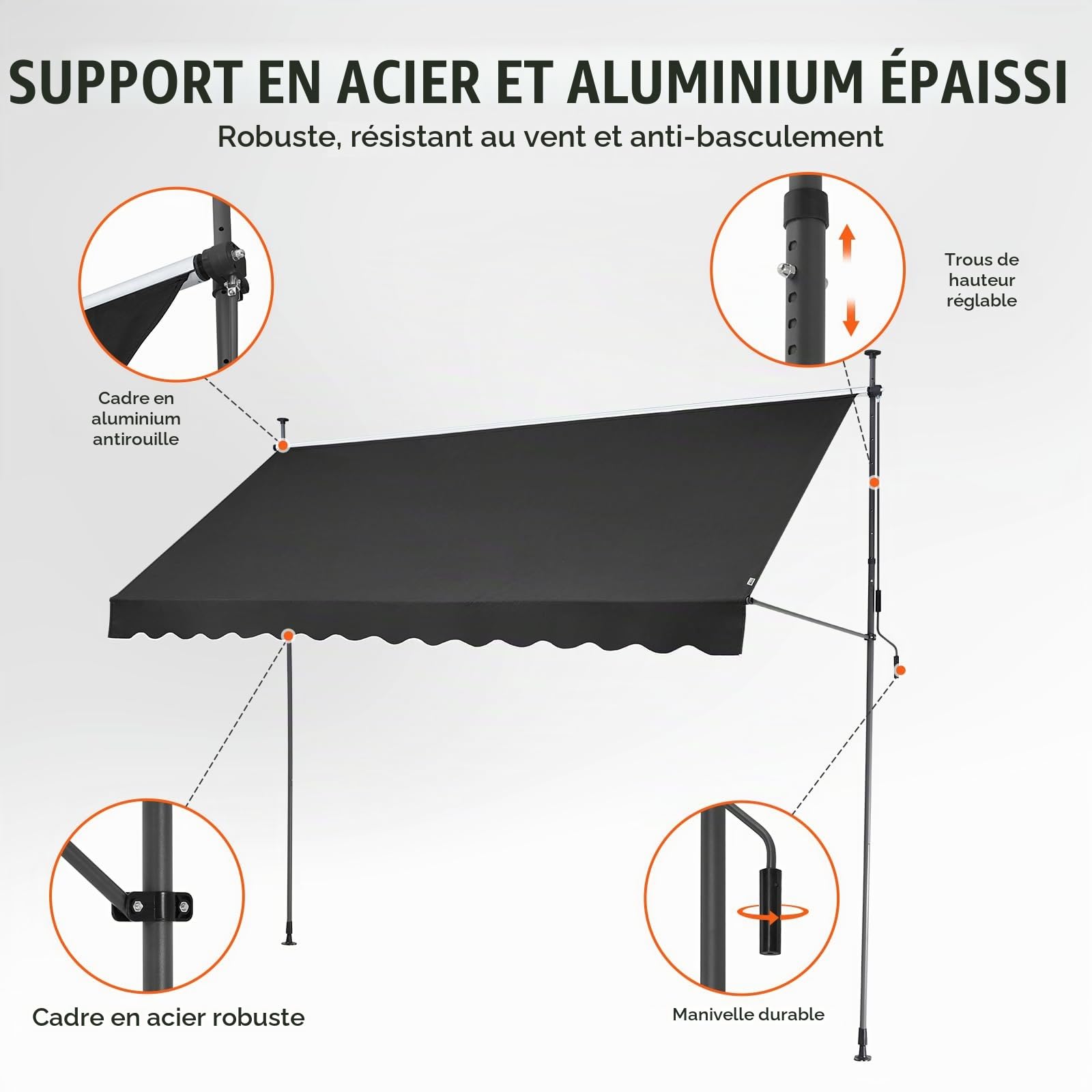 VEVOR Auvent de terrasse rétractable 350 x 120 cm, Store banne Manuel avec manivelle, Hauteur réglable 218-310 cm, abri Pare-Soleil extérieure de Balcon résistant aux UV, pour Patio/Balcon/Cour, Noir