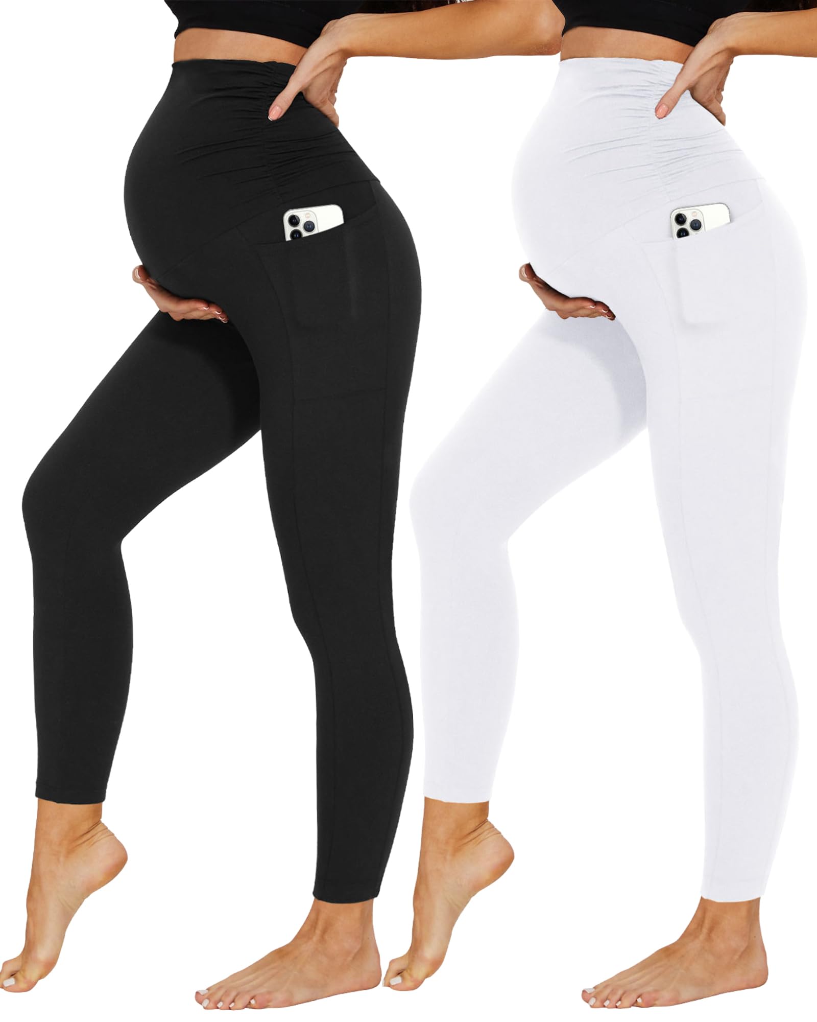 DDOBB 2 Pack Maternity Leggings Over Bump with Pockets High Waist Black Soft Belly Support Stretchy Pregnancy Pants Yoga Workout Pajama Trousers — view 7