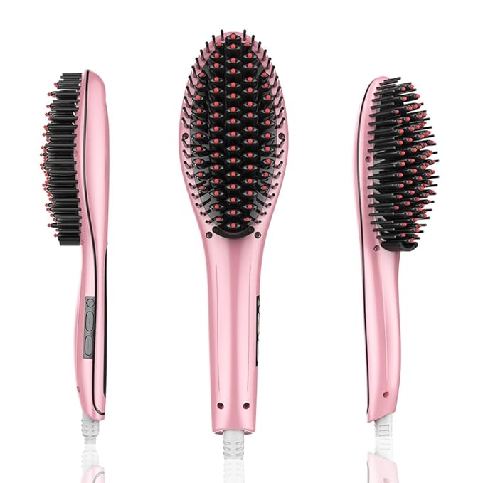 ACEVIVI Digital Anti Static Ceramic Hair Straightener Heating Detangling Hair Brush Paddle Brush for Faster Straightening Styling, 29W, (230V-110V), Pink
