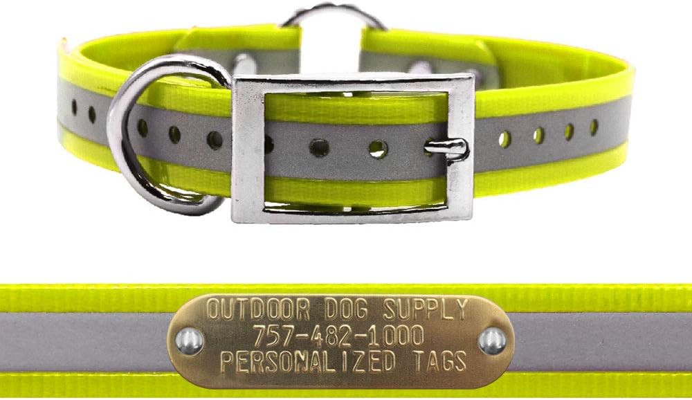 Outdoor Dog Supply 1" Heavy Duty Reflective Waterproof Center Ring Dog Collar for Medium & Large Dogs with 3/4" Custom Brass Nameplate(Reflective Black, 18")
