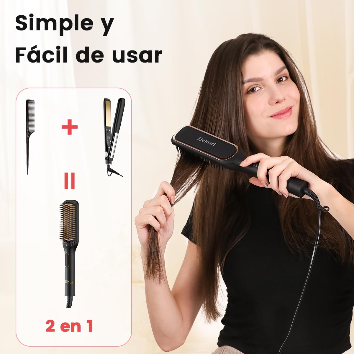 Cepillo Alisador Pelo, 42 mm de Peine Alisador de Cabello, Com Iões negativos, 6 Temperaturas, 130°C-230°C, Pantalla LED，Creación rápida de cabello suave y liso
