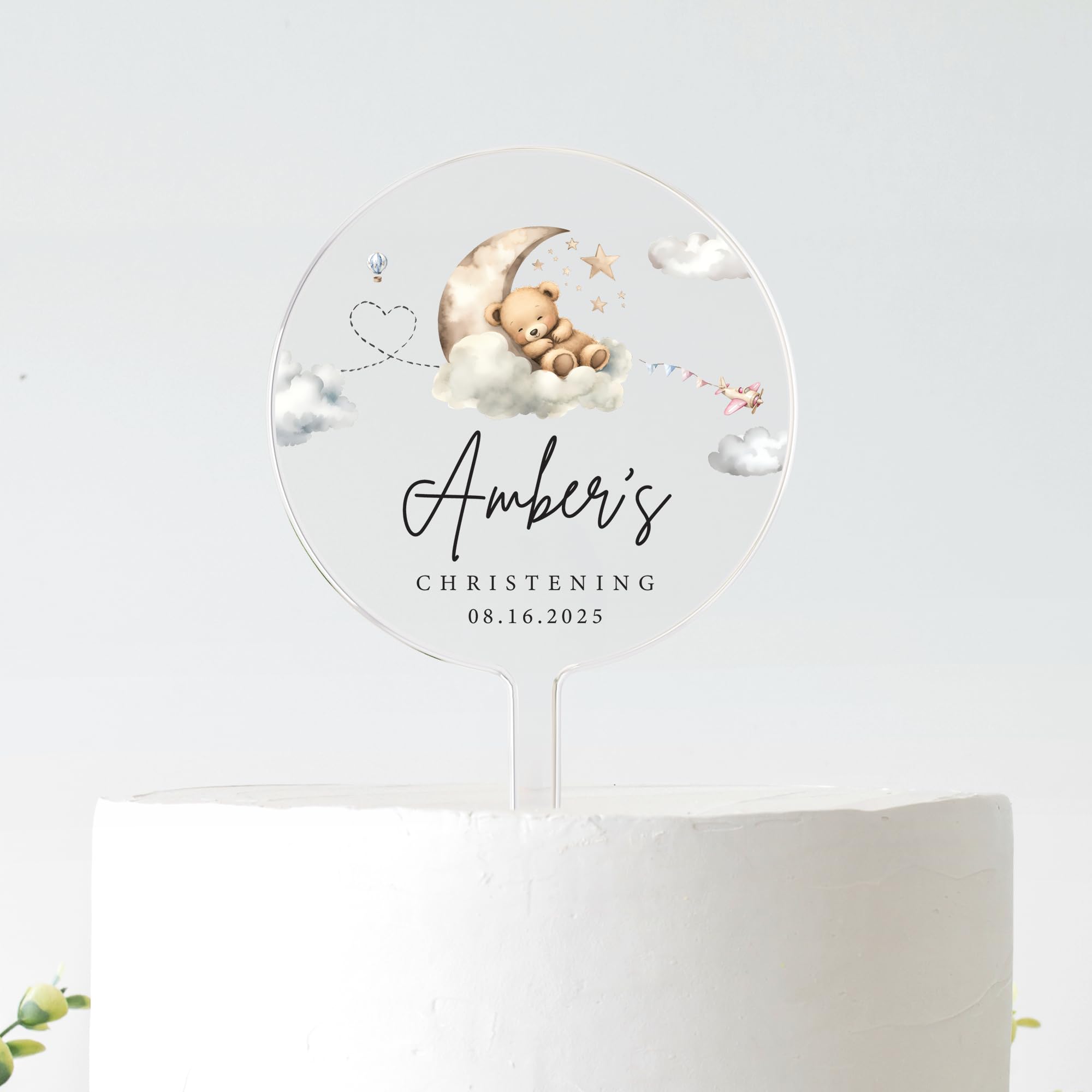 Personalised Christening Cake Topper Teddy Moon Design | Custom Name & Date | Frosted Acrylic | 10cm or 12cm (BLACK TEXT, 12CM)