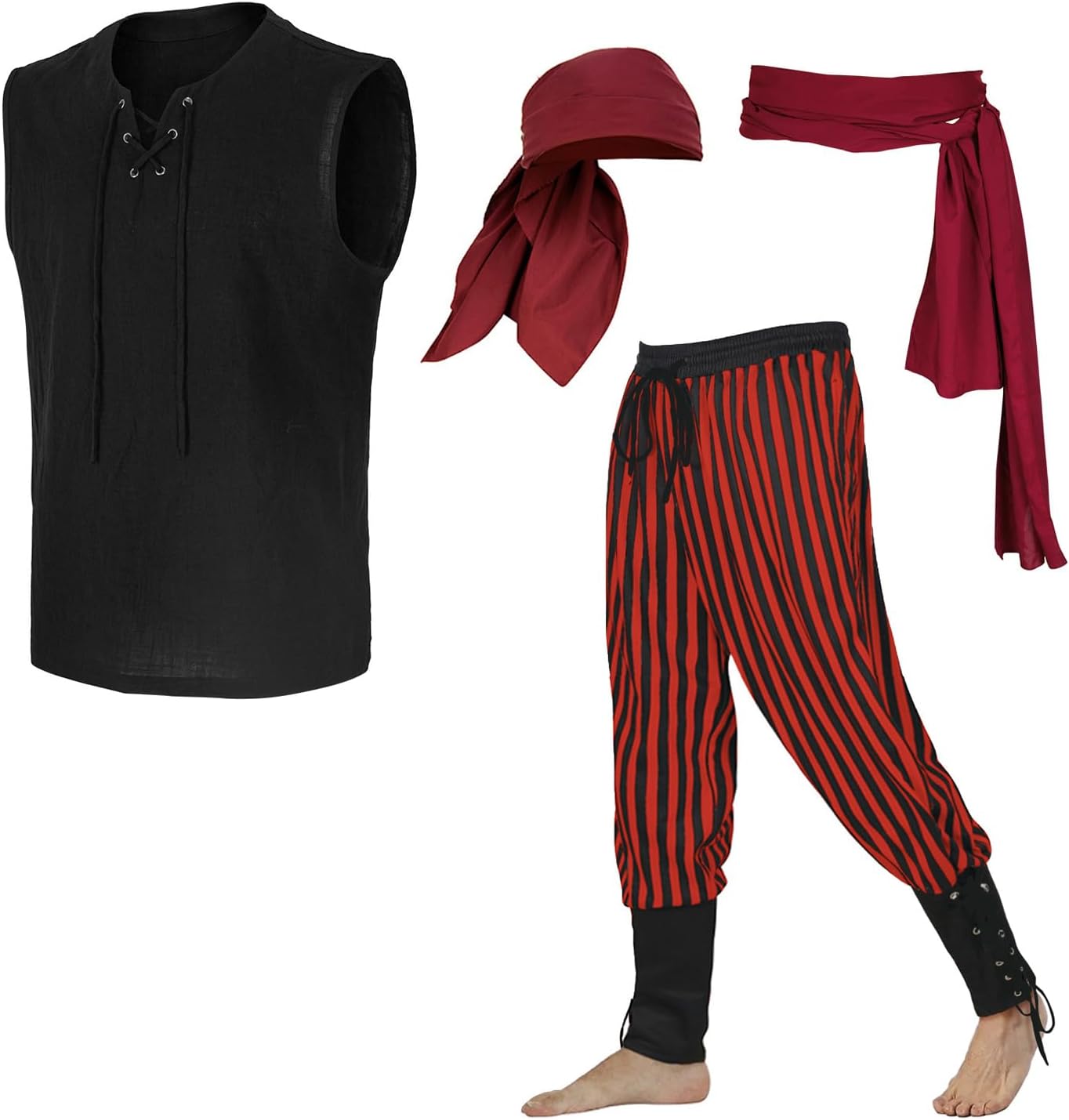 Mens 4 Pcs Pirate Costume Outfit Medieval Renaissance Costume Halloween Viking Costume - Image 3