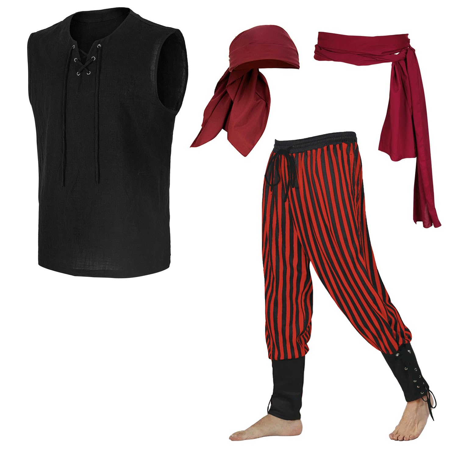 VELY Piratenkostüm für Herren, mittelalterliches Renaissance-Kostüm, Halloween, Wikinger-Kostüm, 4-teilig