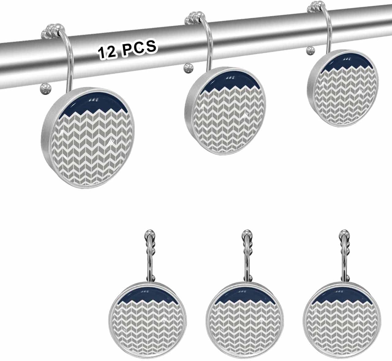 Shower Curtain Hooks,Stainless Steel Shower Curtain Rings with Geometric Chevron Pattern Navy Blue Crystal Glass Design Rust-Resistant Decorative Shower Curtain Hooks for Bathroom 12PCS