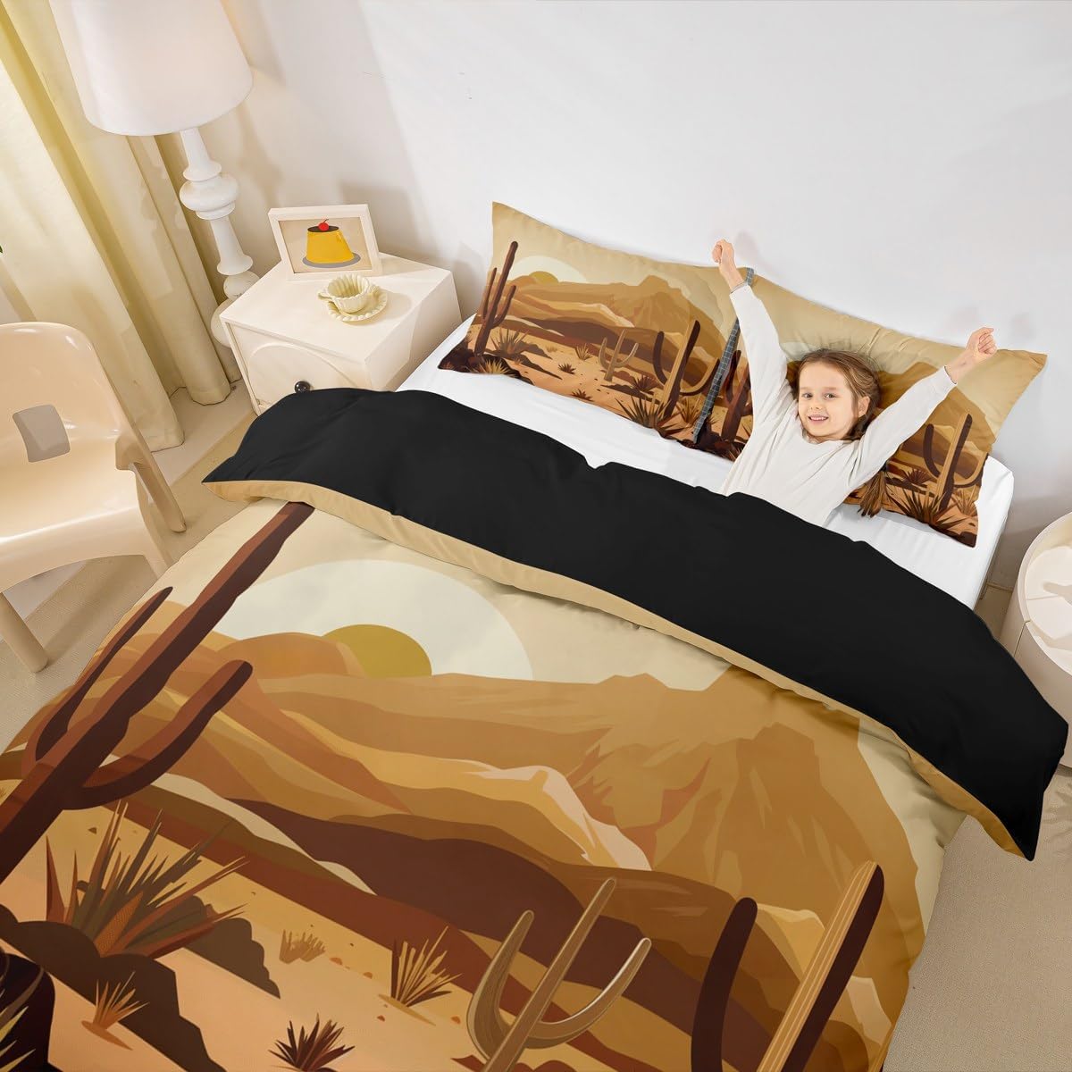 Western Desert Duvet Cover Set Full Size,Southwest Cowboy Cactus Sunset Natural Scenery Comforter Cover with 2 Pillowcases,African Style Rustic Farm Breathable Bedspread for Boys Teens,Pillow Sham