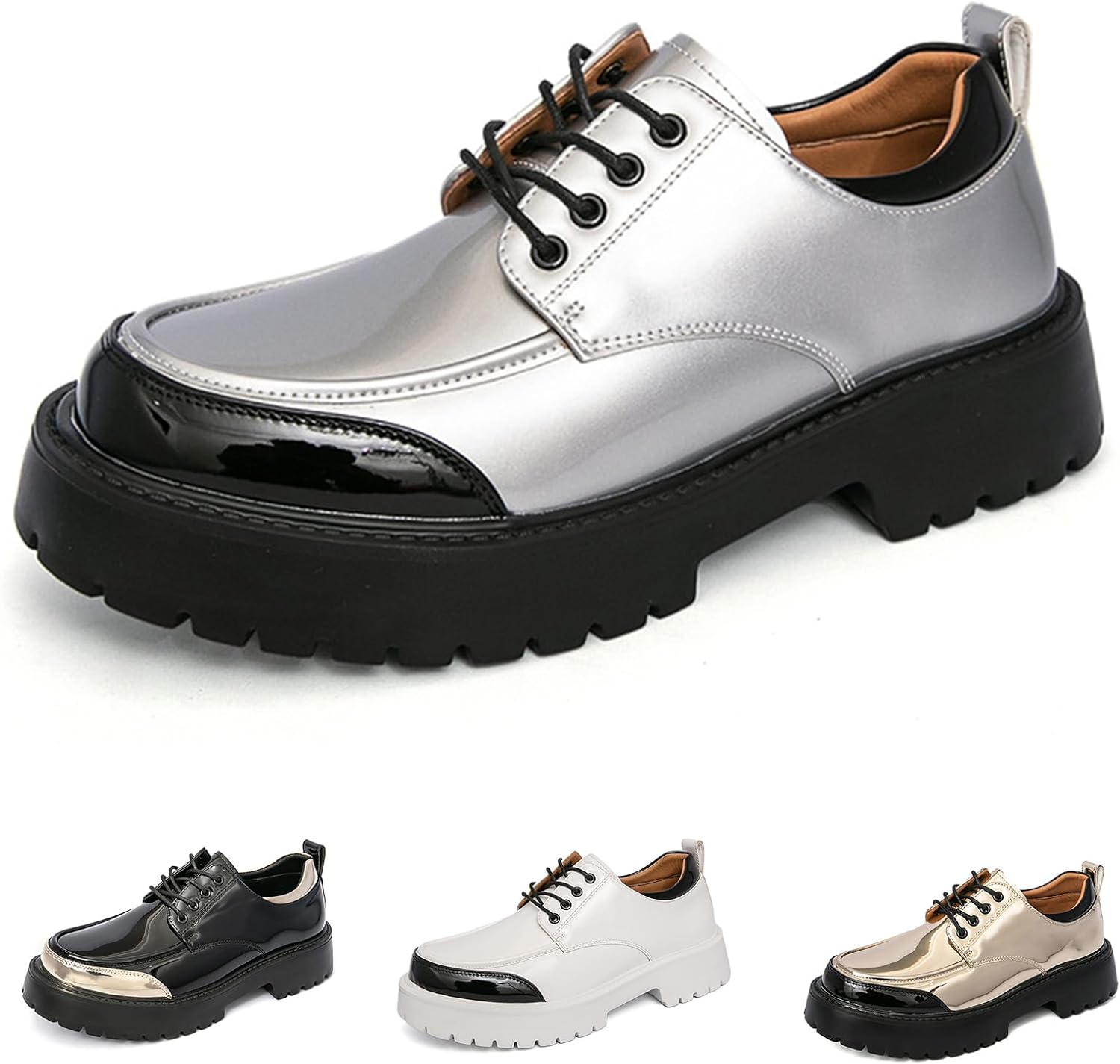 Men's Fashion Color Blocking Lace Up Platform Oxfords Luxury Round Toe Lug Sole Business Office Dress Shoes Daily Breathable Non Slip Low Top Casuals