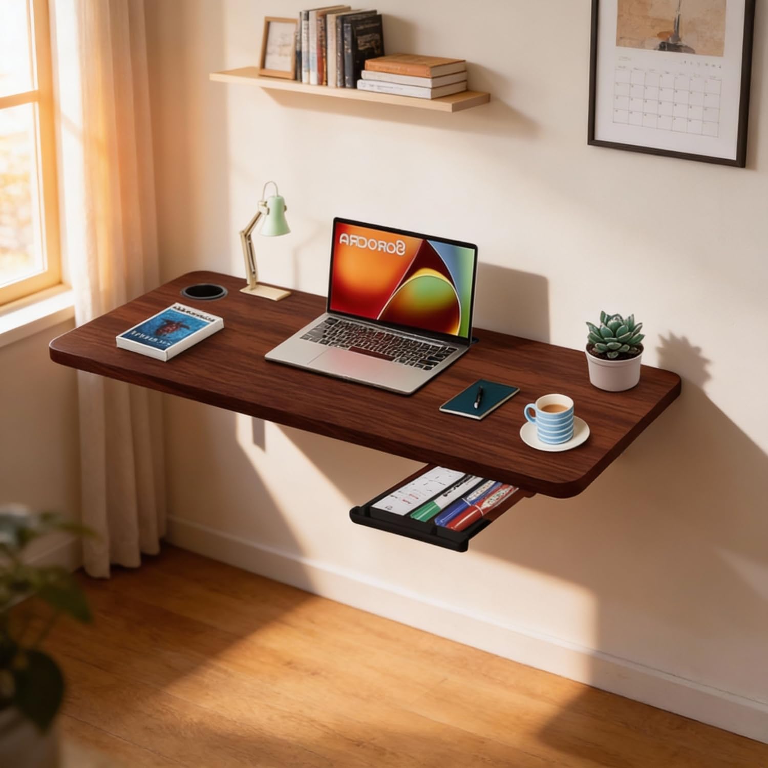 wow craft Wall-Mounted Foldable Study Table for Home & Office | Wooden Desk with Drawer, Cup Holder & Cable Slot | Space Saving Wall Shelf Workstation – 31x18.5 Inches (Classic Brown Finish)