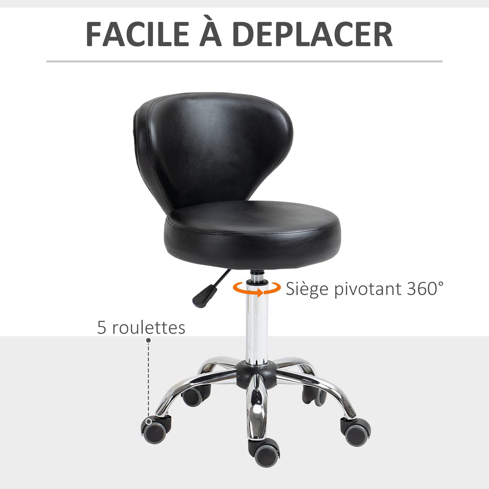 HOMCOM con Ruedas de Masaje – Taburete de Trabajo Giratorio 360° – Asiento Ajustable 49-64H cm, Respaldo ergonómico – Metal Cromado Revestimiento sintético Negro
