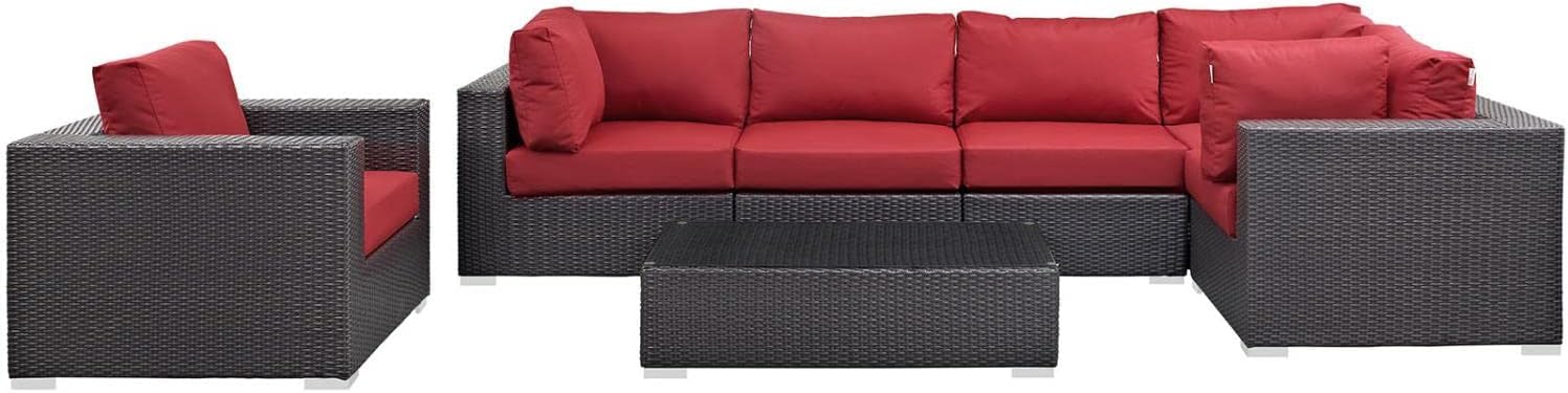 Modway Convene Wicker Rattan 7-Piece Outdoor Patio Sectional Sofa Furniture Set in Espresso Red