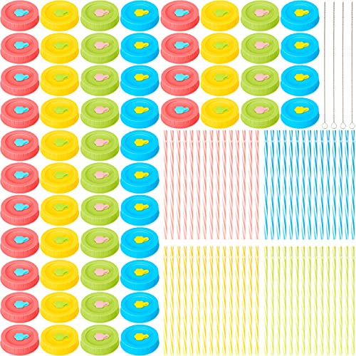 125 Pcs Regular Mouth Mason Jar Lids With Straw Hole Straws Silicone Stoppers Rings Clean Brush Colored Plastic Canning Jar Drinking Lids And Food Storage Caps For Kitchen Cups #TOP21