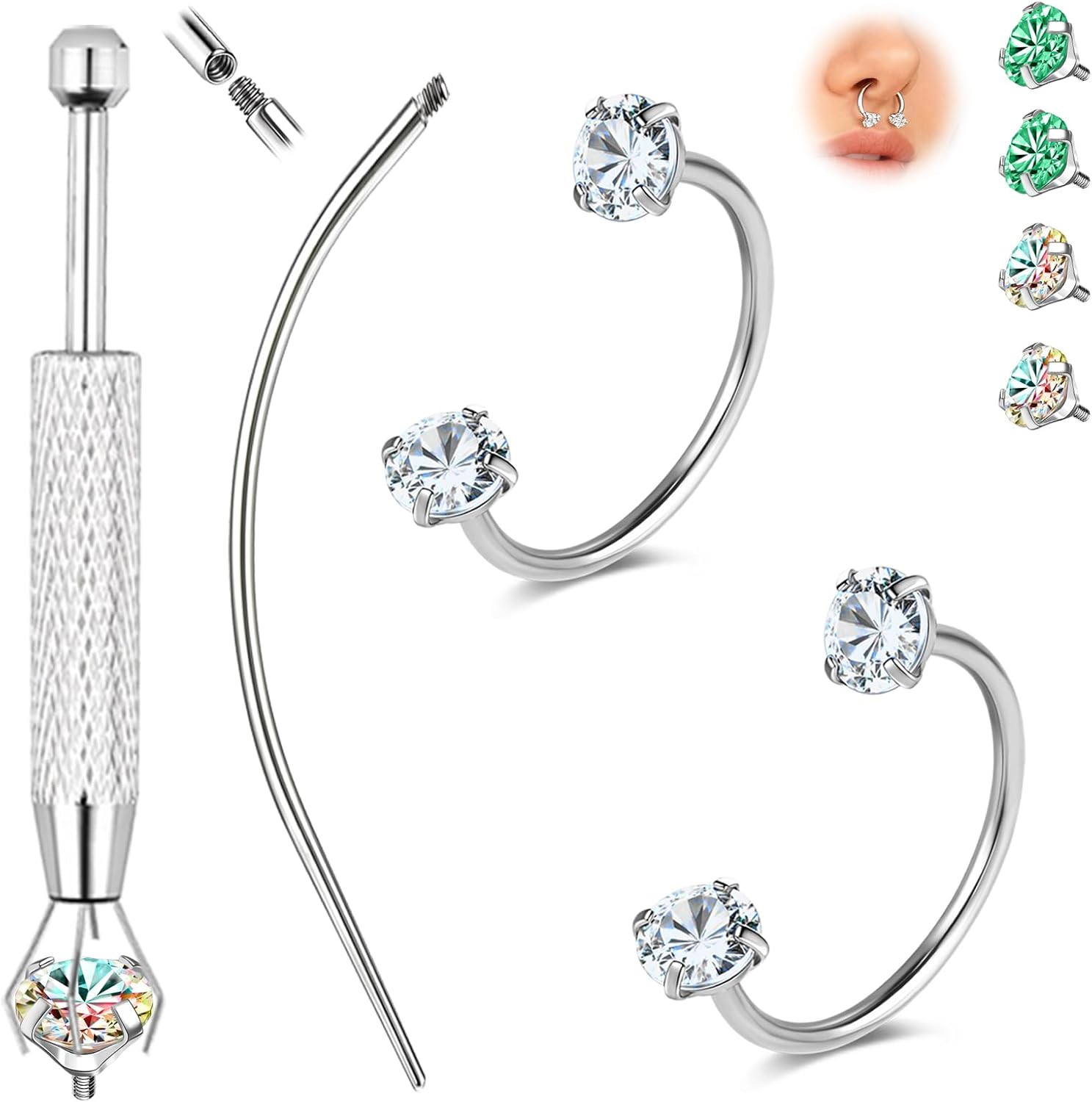 ZS G23 Titanium Horseshoe Nose Ring 20G 8mm - Hypoallergenic Piercing Body Jewelry for Nose, Lip, Ear, Helix, Conch, Cartilage - CZ Noes Studs with Insertion Tapper