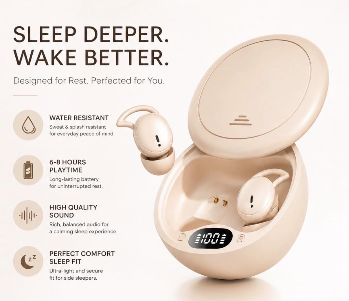Wireless Mini Earbuds - Noise Isolation - LED Power Display - Side Sleeping Comfort Fit - Work - Workouts - Multi Use Earbuds - USB C - Adjustable Ear Tips - Slide to Open Lid (Sand)