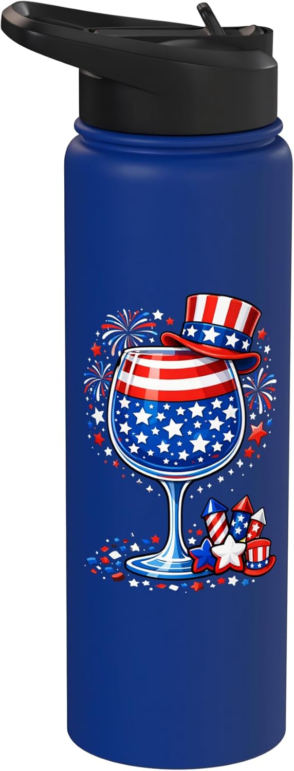 Flag Wine Glass Patriotic Fireworks 250th Years Anniversary Stainless Steel Insulated Water Bottle