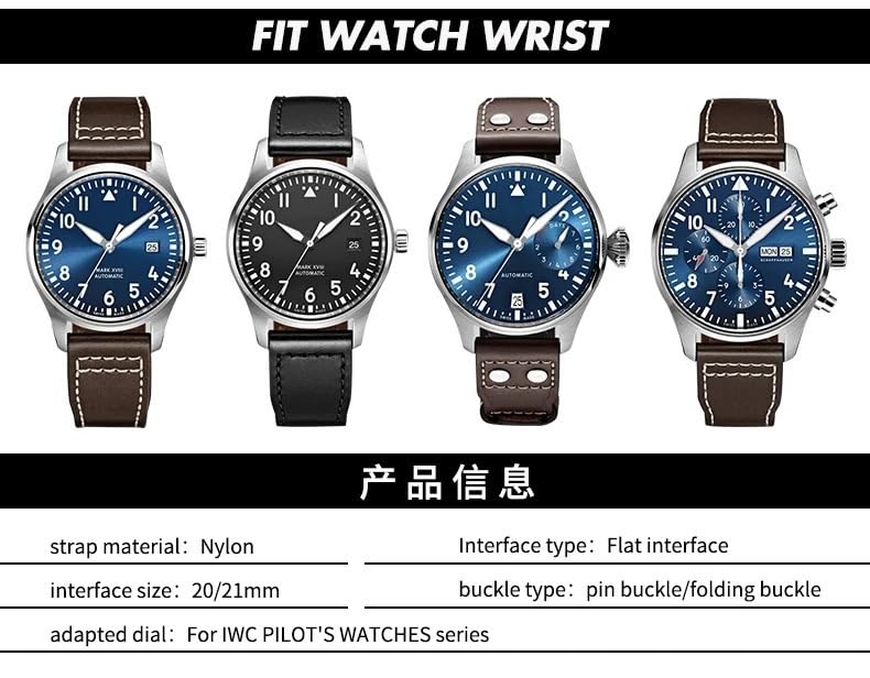 Correa de reloj EZZON de nailon de 20mm y 21mm para IWC Pilot 3