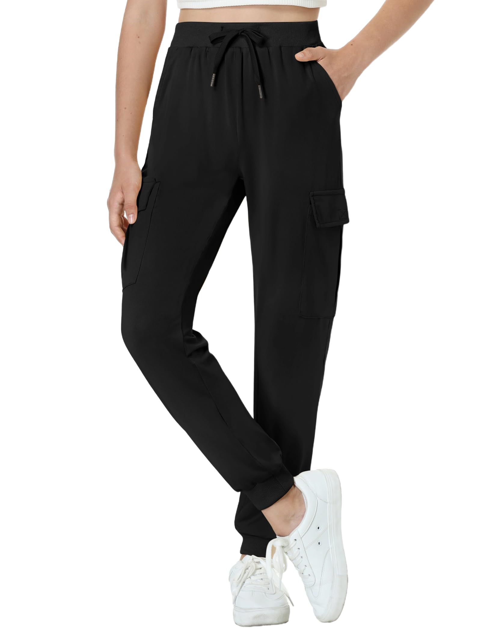 EXARUS Girls Hiking Pants Kids Camping Travel Summer Lightweight Quick Dry Cargo Joggers Teen Athletic Hip Hop Dance Drawstring Tapered High Waist Black Knit 12Y