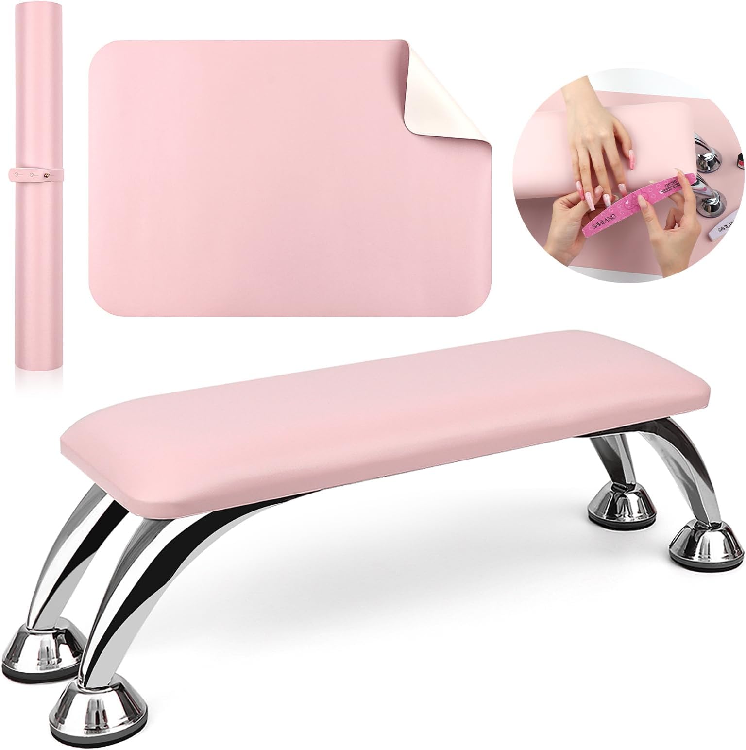 Saviland Arm Rest for Nails Tech Professional: Pink Faux Leather Nail Hand Rest for Acrylic Nails Soft Sponge Cushion Hand Holder & Non-Slip Nail Table Mat Nail Stuff for Nail Technician Use Must Have
