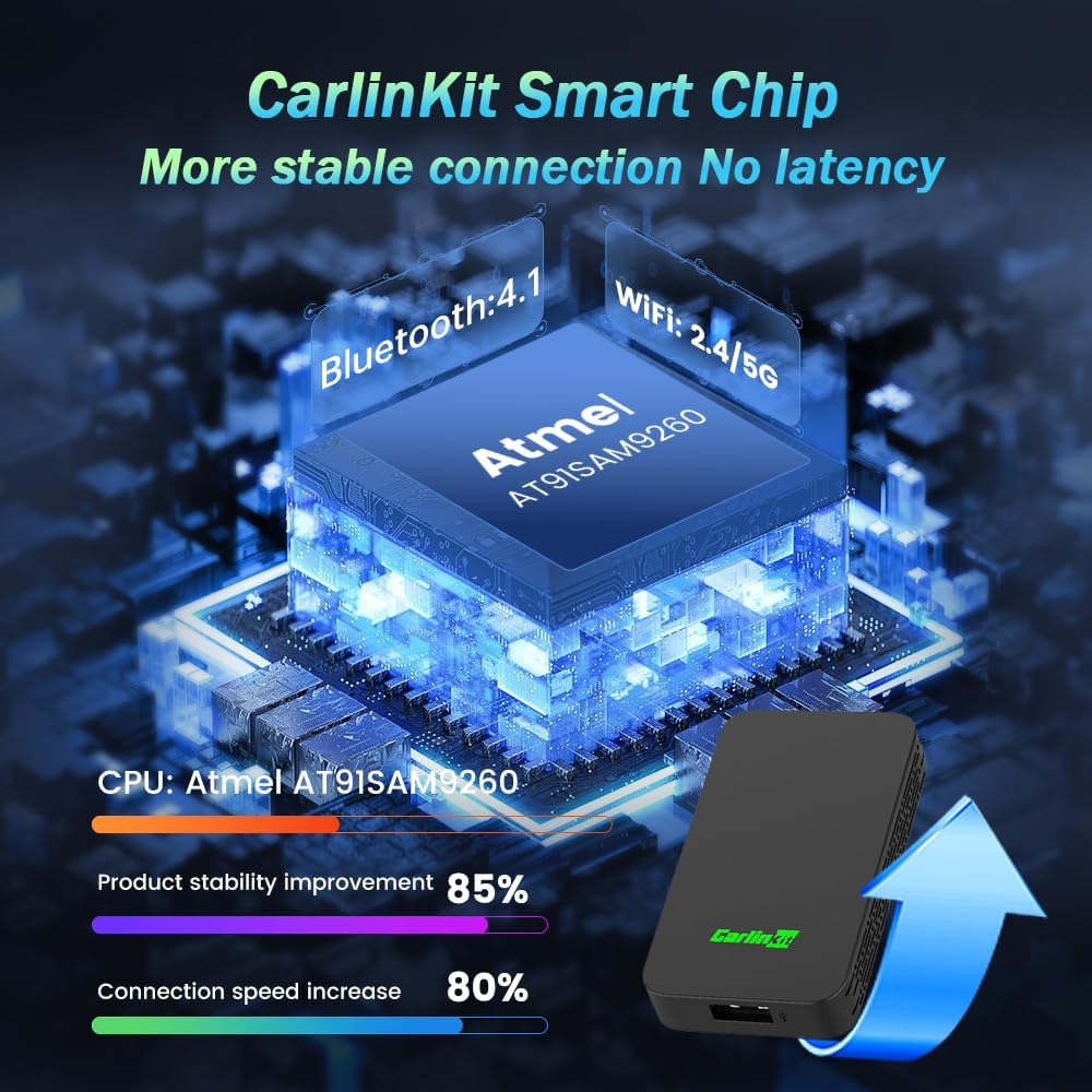 Image highlighting the Carlinkit Smart Chip with Bluetooth 4.1, WiFi 2.4/5G, and CPU Atmel AT91SAM9260, showing product stability improvement and connection speed increase.