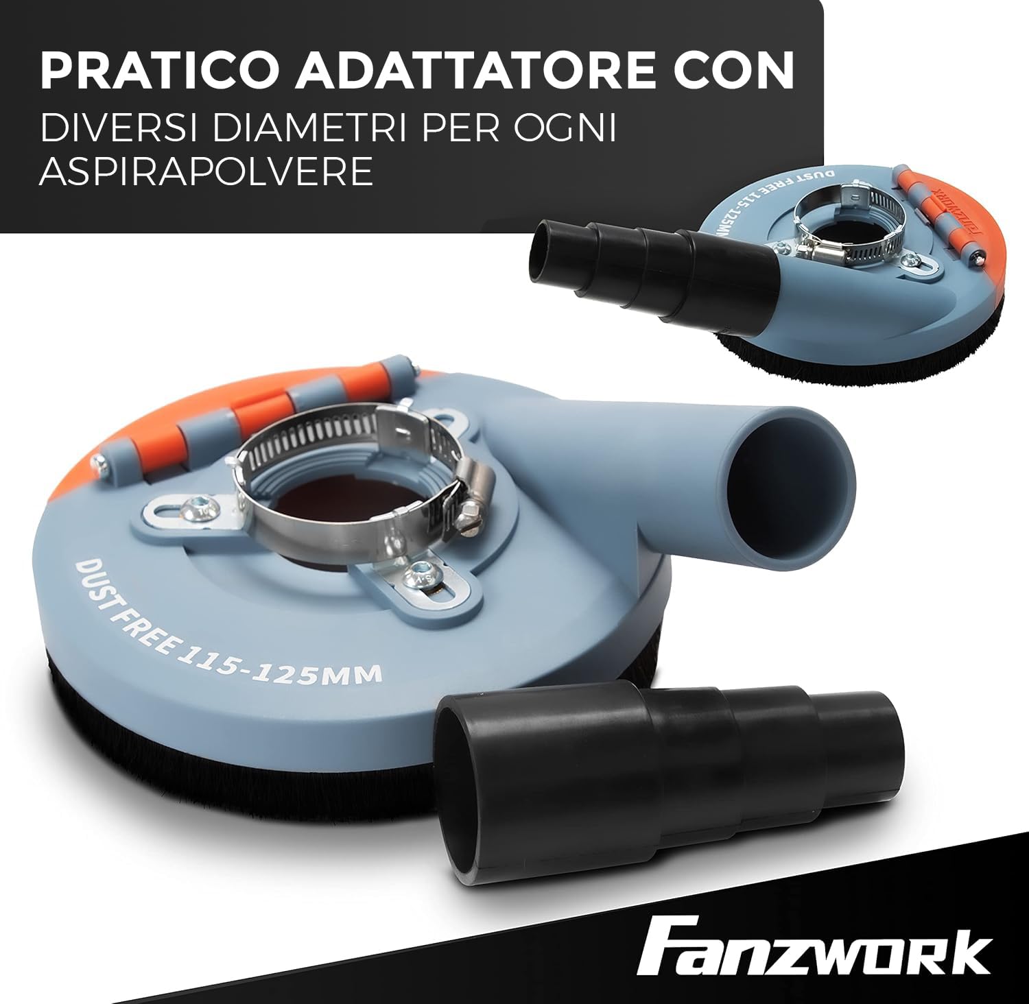 FANZWORK - Cappa di aspirazione per smerigliatrice angolare, con 2 dischi diamantati professionali da 125 mm, spazzole intercambiabili, compatibilità universale al 99%, anello adattatore rinforzato