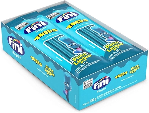 Mini Balas de Gelatina Tubes Framboesa Pinta Língua Fini com 12 Unidades