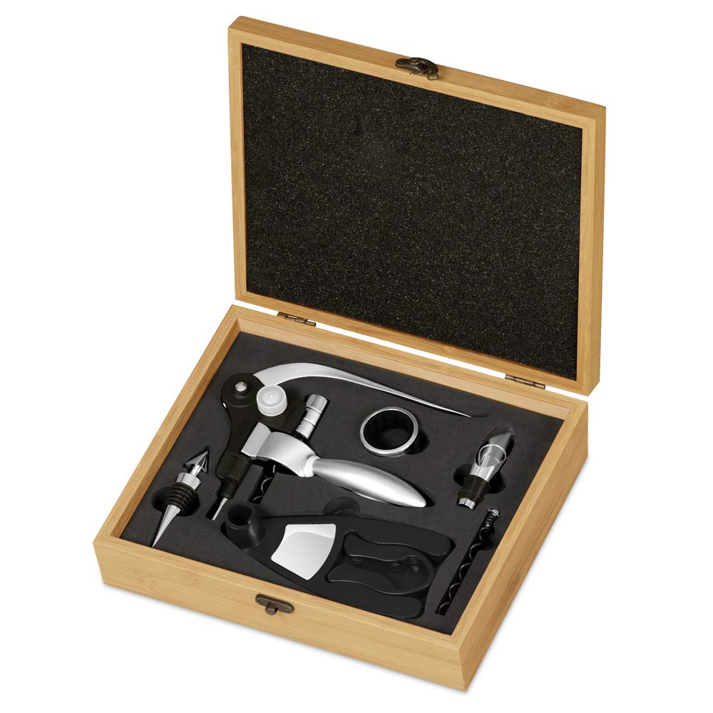 Maverton Weinöffner-Set personalisiert Weinset Sommelier Set - Geschenkbox Holzbox + 6er Weinzubehörset - aus Bambus - Braun - Geschenk zum Geburtstag für Männer - Professioneller Verkoster