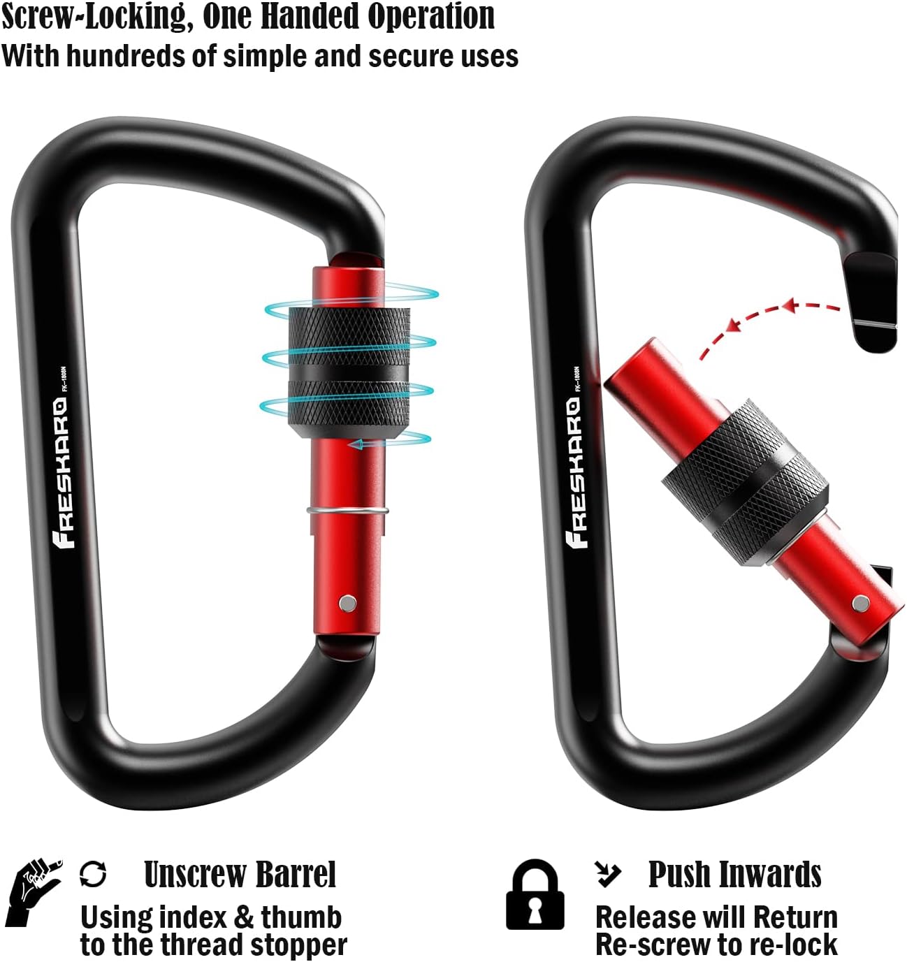 FresKaro 12kN Locking Carabiner Clips, Screw-Gate Lock, Heavy Duty 7075 Aluminium Material, Lightweight Easy Carry, Strong and Durable for Key, Keychain, Hammock, Dog Leash, D Shaped, Black