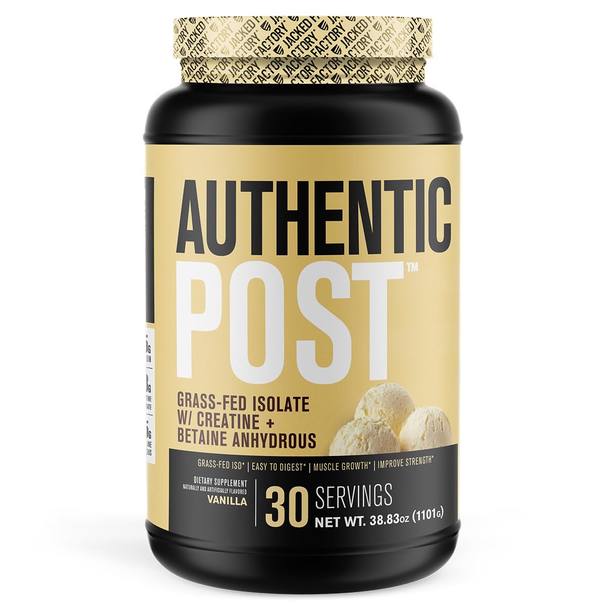 Jacked Factory Authentic Post - Grass-Fed ISO Post Workout Protein Powder with Creatine Monohydrate for Post-Workout Muscle Recovery & Enhanced Performance - 30 Servings, Vanilla