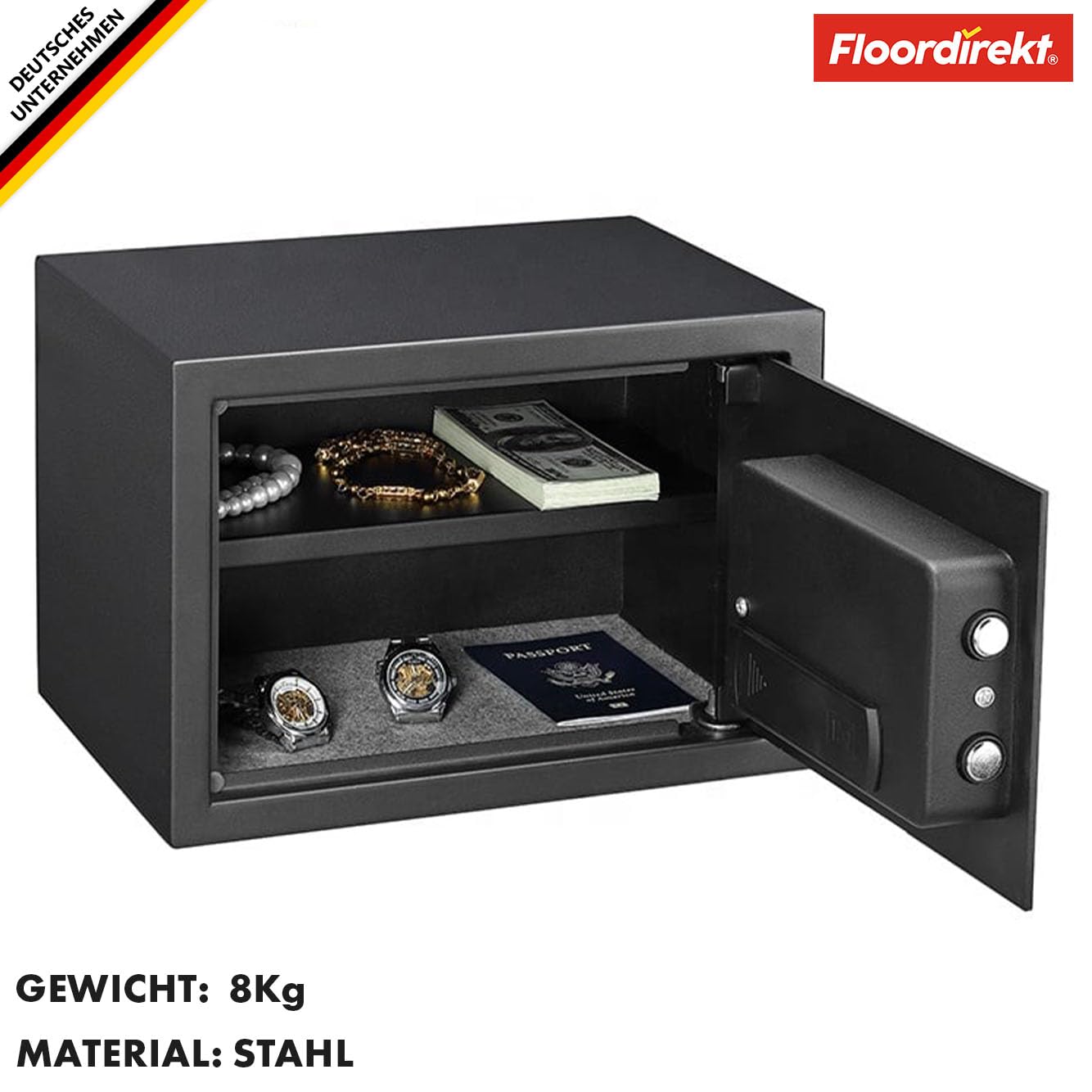 Floordirekt Cassaforte Catoca 25 x 35 x 25 cm - Cassaforte per mobili con impronte digitali e serratura a combinazione, piccola cassaforte da parete per casa, cassaforte con chiave