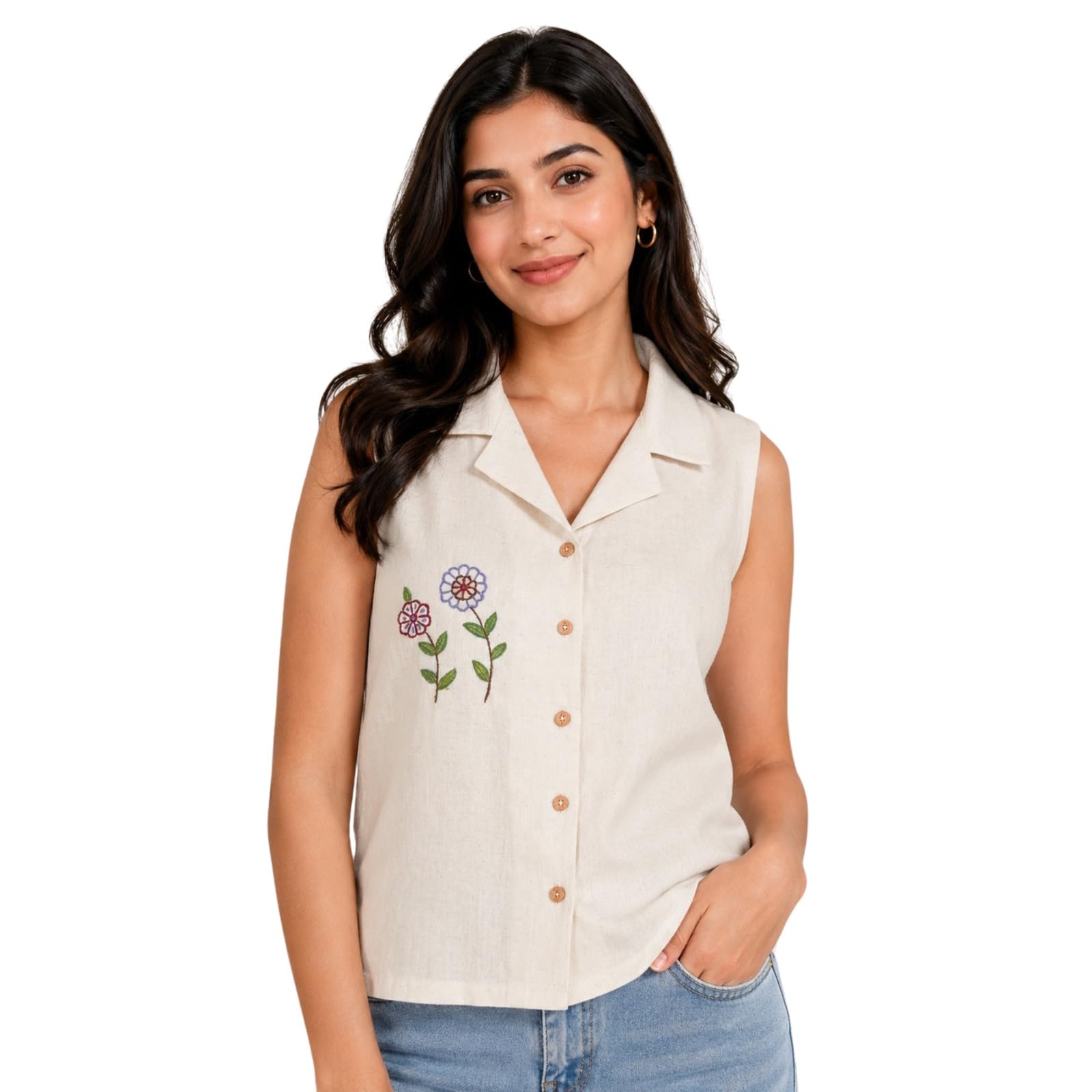 Women's Cotton Linen Sleeveless Embroidered Shirt | Floral Embroidery Button-Down Collared Casual Summer Top | Regular Fit-picture-38