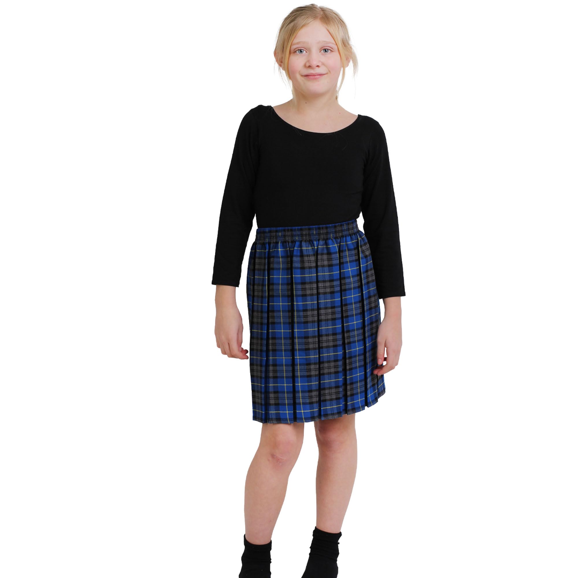 Crazy Chick Girls Blue Crazy Chick® Box Pleated Tartan Check Skirt Kids School Uniform Fancy Dress Party Skirt (9-10 Years, )