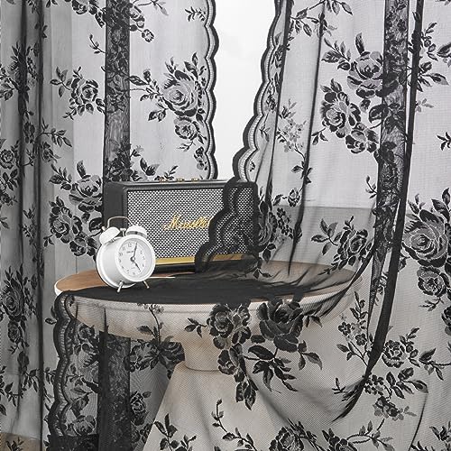 SEEKRIGHT Black Lace Curtains - 84 Inch Long Goth Floral Sheer Curtains for Living Room & Bedroom - Gothic Decor Drapes with Rod Pocket - Light Filtering Edges - Victorian Style - 2 Panels Set, 52x84