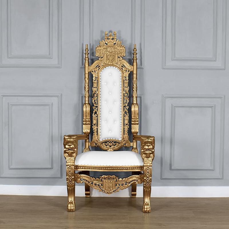 Throne Chair - Gold Frame & White Faux Leather - Lion Chair Carving
