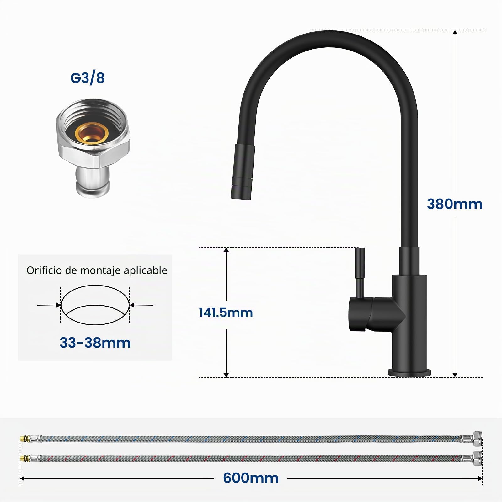 CECIPA Grifo Cocina Flexible Con 2 Chorros de Agua, Abatible, Negro Mate, Fregadero Giratorio a 360º, Para Agua Caliente Y Fría