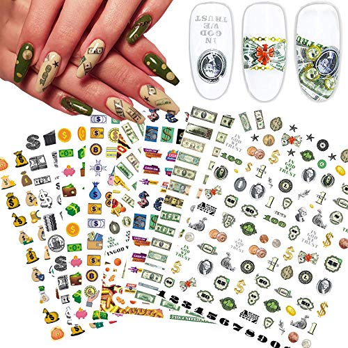 Money Dollar Nail Art Stickers,Nail Sticker Nail Foil Wealthy Rich Style 3D Nail Design Number Coin Self-Adhesive Nail Decals Nail Art Decoration Supply for Women Girls 9 Sheets