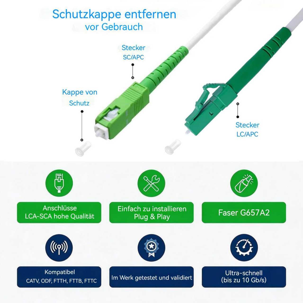 Elfcam® - 50 m kabel światłowodowy Simplex LC/APC do SC/APC, 9/125μm OS2 kabel krosowy LSZH, FTTH światłowodowy, biały (50 m)