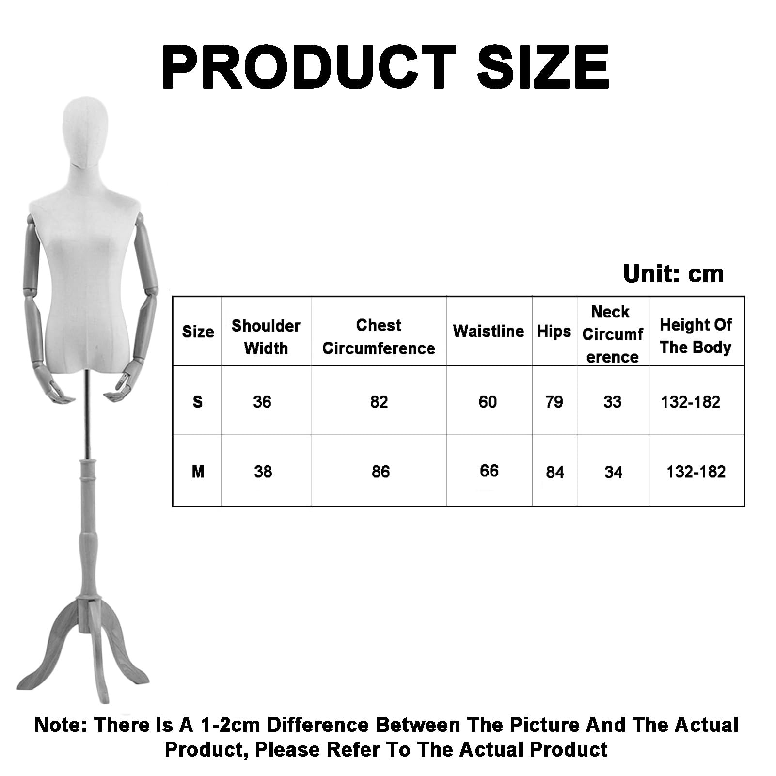 Torse de mannequin féminin réglable 132-182 cm, présentoir à couture avec tête, bras en bois et trépied