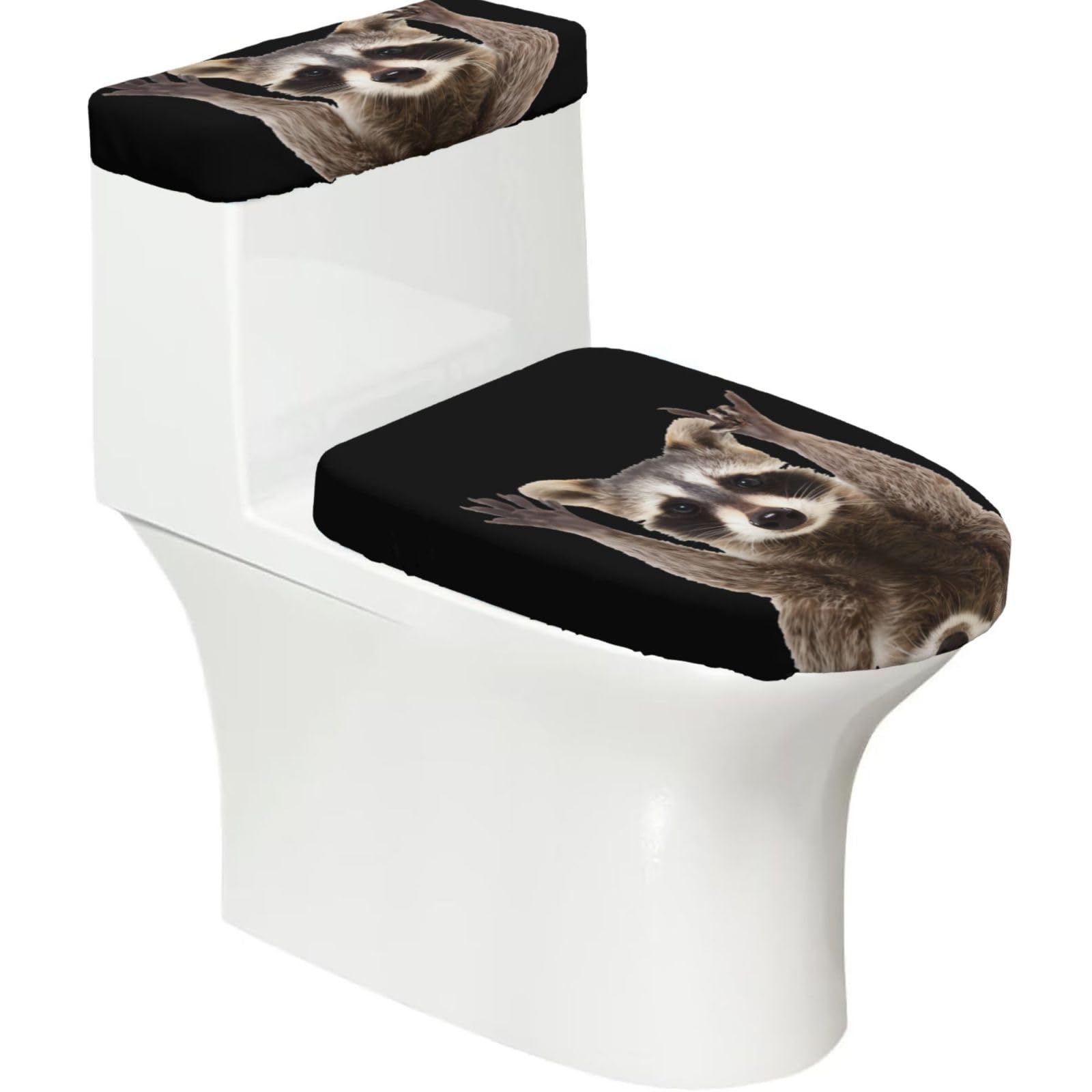Racoons 2-Piece Toilet Seat Cover Set with Tank Lid - Elastic for U-Shape & Elongated - Bathroom Decor