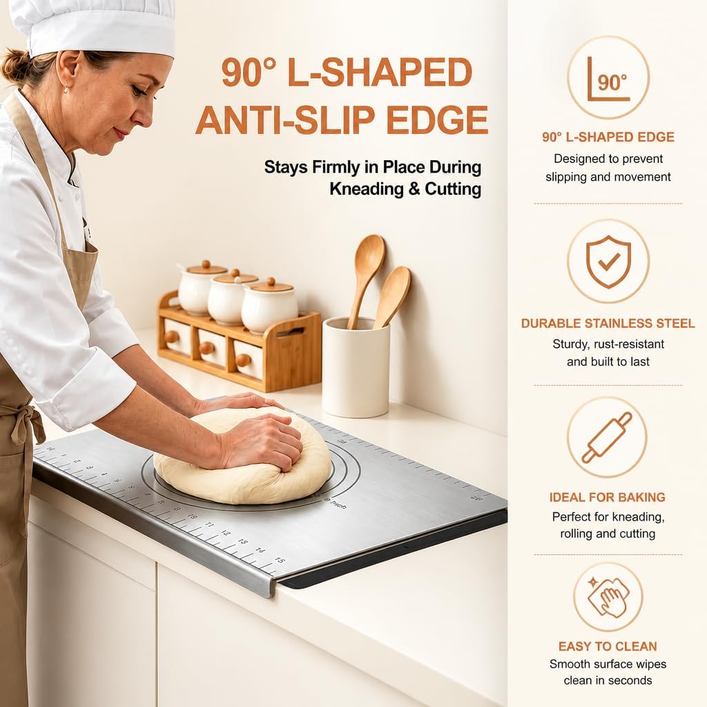 304 Stainless Steel Cutting Board with Lip, 2-in-1 Kitchen Chopping Board & Dough Kneading Mat with Laser Scale, Anti-Spill Lip & Dishwasher Safe Metal Cutting Board for Kitchen 15.75" × 11.81"