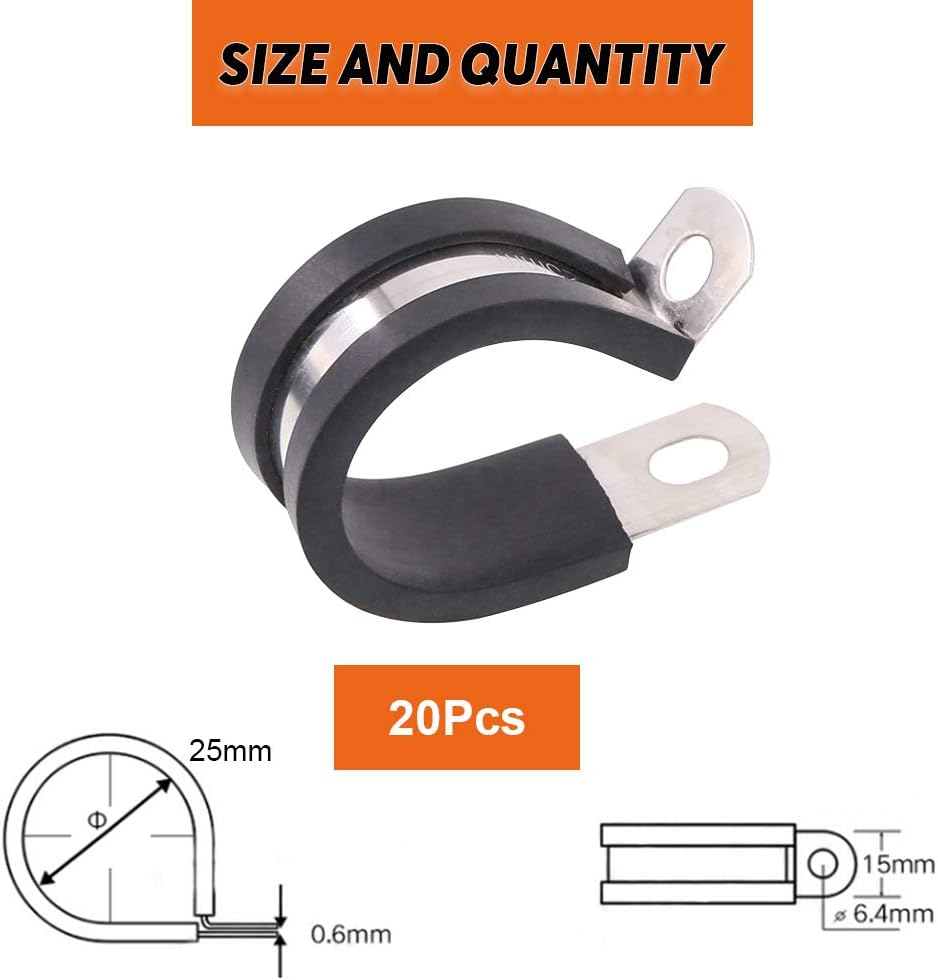 Keadic 20Pcs 1 Inch (25mm) Rubber Cushioned Insulated Clamps Stainless Steel, Metal Clamp - Image 3
