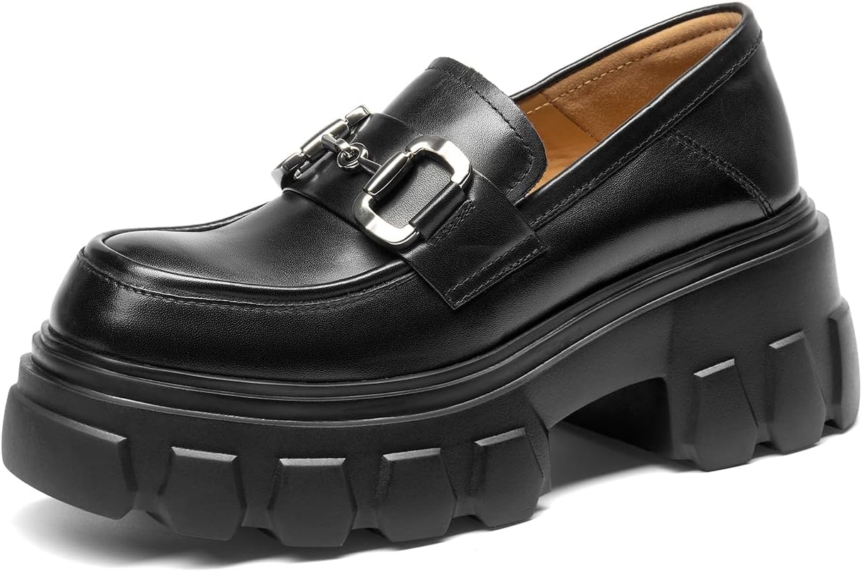EAU Today Platform Loafers for Women,Leather Chunky Loafers for Women,Heel Lug Sole Slip-on Breathable Horsebit Non-Slip Shoes for Work Business Casual Black US 6