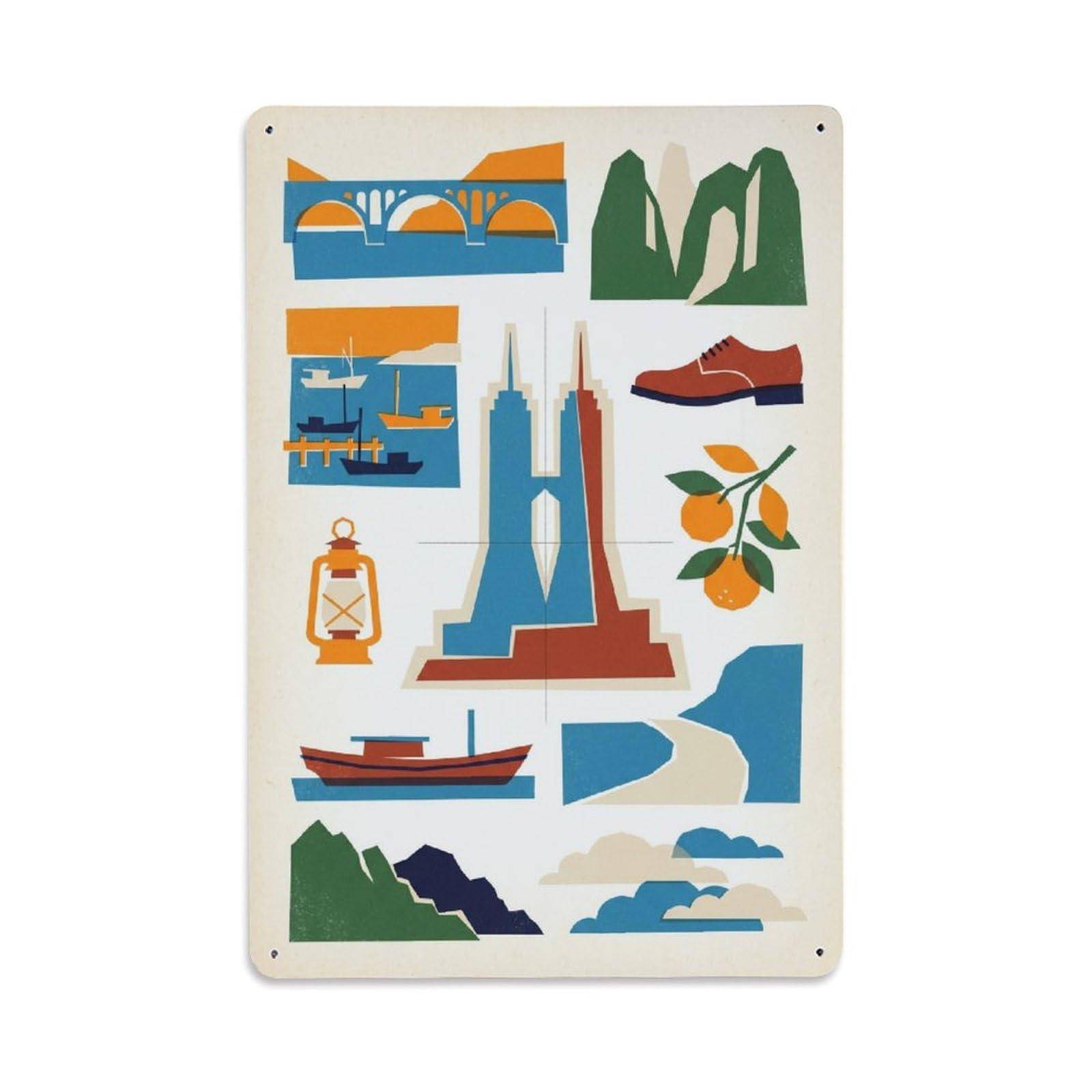 Okngb Style China Wenzhou Travel Graphic Mosaic Cityscape Landmark Metal Tin Sign Plaque Wall Decor For Cafe, Man Cave, Club Bar, Office, Home Garden Round Metal Poster 8X12inch
