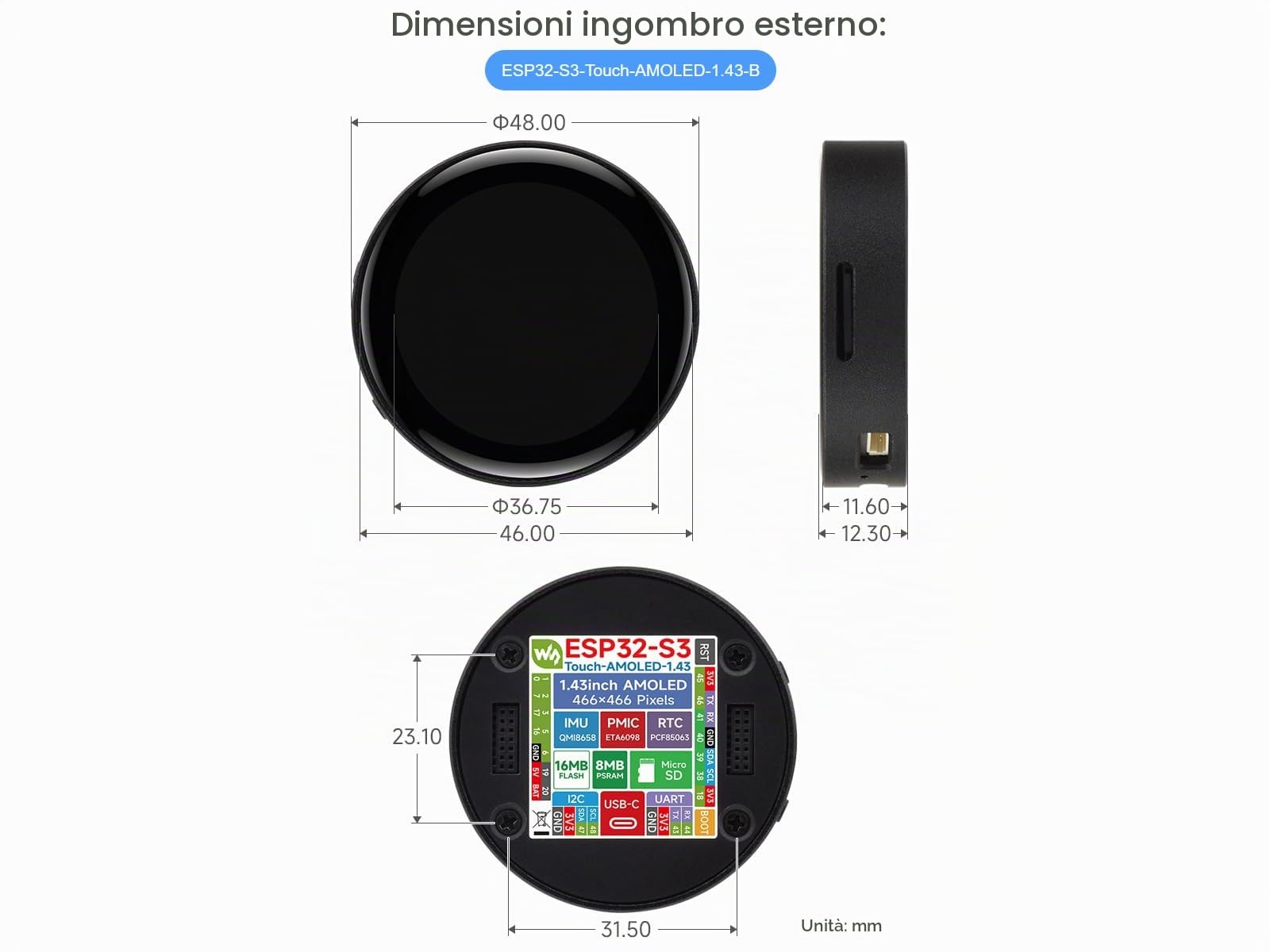 Waveshare ESP32-S3 1.43inch AMOLED Round Touch Display Development Board with Metal Case 466×466 Resolution 16.7M Color Capacitive Display Adopts ESP32-S3R8 Chip with 2.4GHz WiFi And Bluetooth BLE 5