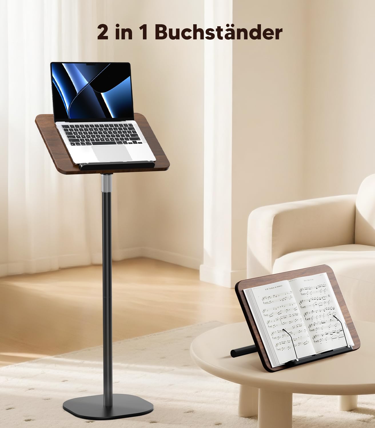 2 in 1 Buchständer Book Stand Höhenverstellbarer Buchhalter für Boden/Tisch mit XXL-Platte 180°-Neigung Leseständer Notenständer Laptophalter Rutschfeste Basis für Kinder & Erwachsene