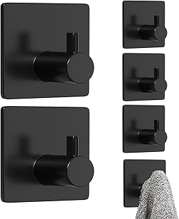 pickpiff 6-Pack Adhesive Hooks for Hanging, Extra Sticky Stainless Bathroom Towel Hanger, Holds up to 13LB, Coat Hooks for Door or Shower Tile Wall, Self-Adhesive Heavy Duty, Black