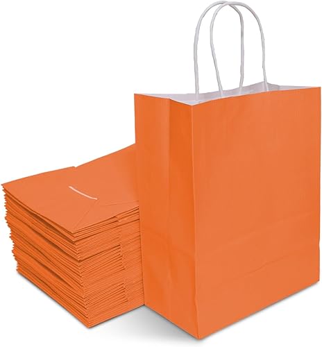 TOWRAP Bolsas de regalo naranjas, 100 bolsas de papel kraft de 8 x 4.25 x 10.5 pulgadas con asas a granel, bolsas de compras, bolsas de fiesta, TOWRAP Bolsas de regalo naranjas, 100 bolsas de papel kraft de 8 x 4.25 x 10.5 pulgadas con asas a granel, bolsas de compras, bolsas de fiesta,