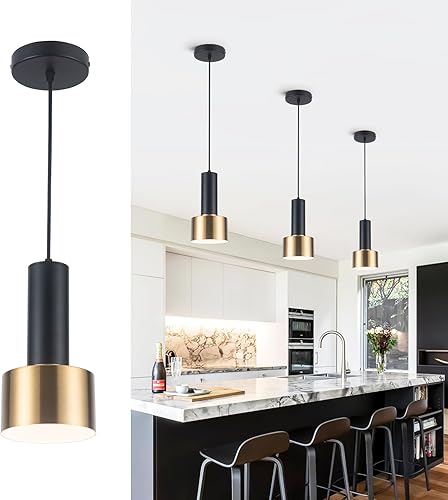 Iluminación colgante de cocina sobre isla, juego de 3, iluminación colgante de oro negro con bombilla LED moderna minimalista lámpara de cocina